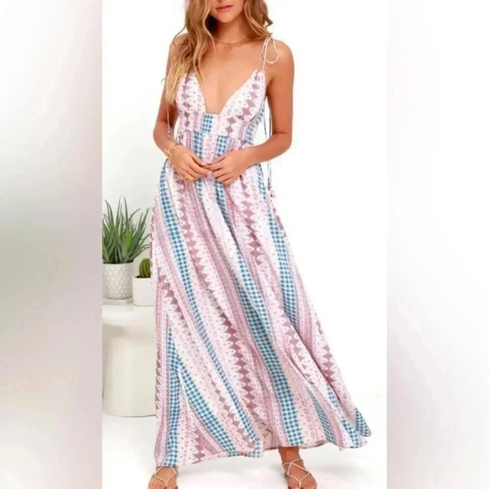 Lulu Print Backless V Neck Slip Maxi Dress - Picture 4 of 16